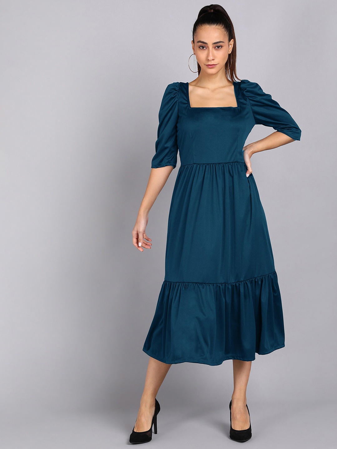 

shashvi Blue Tiered Puff Sleeves A Line Midi Dress