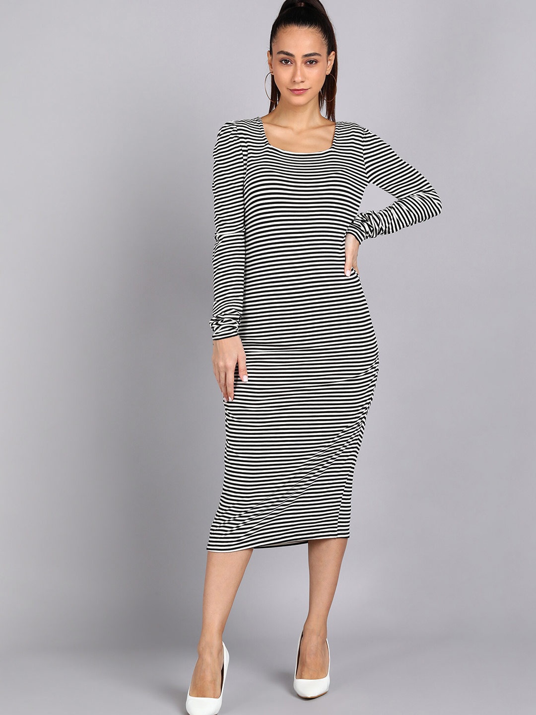 

shashvi Women Black & White Striped Bodycon Midi Dress