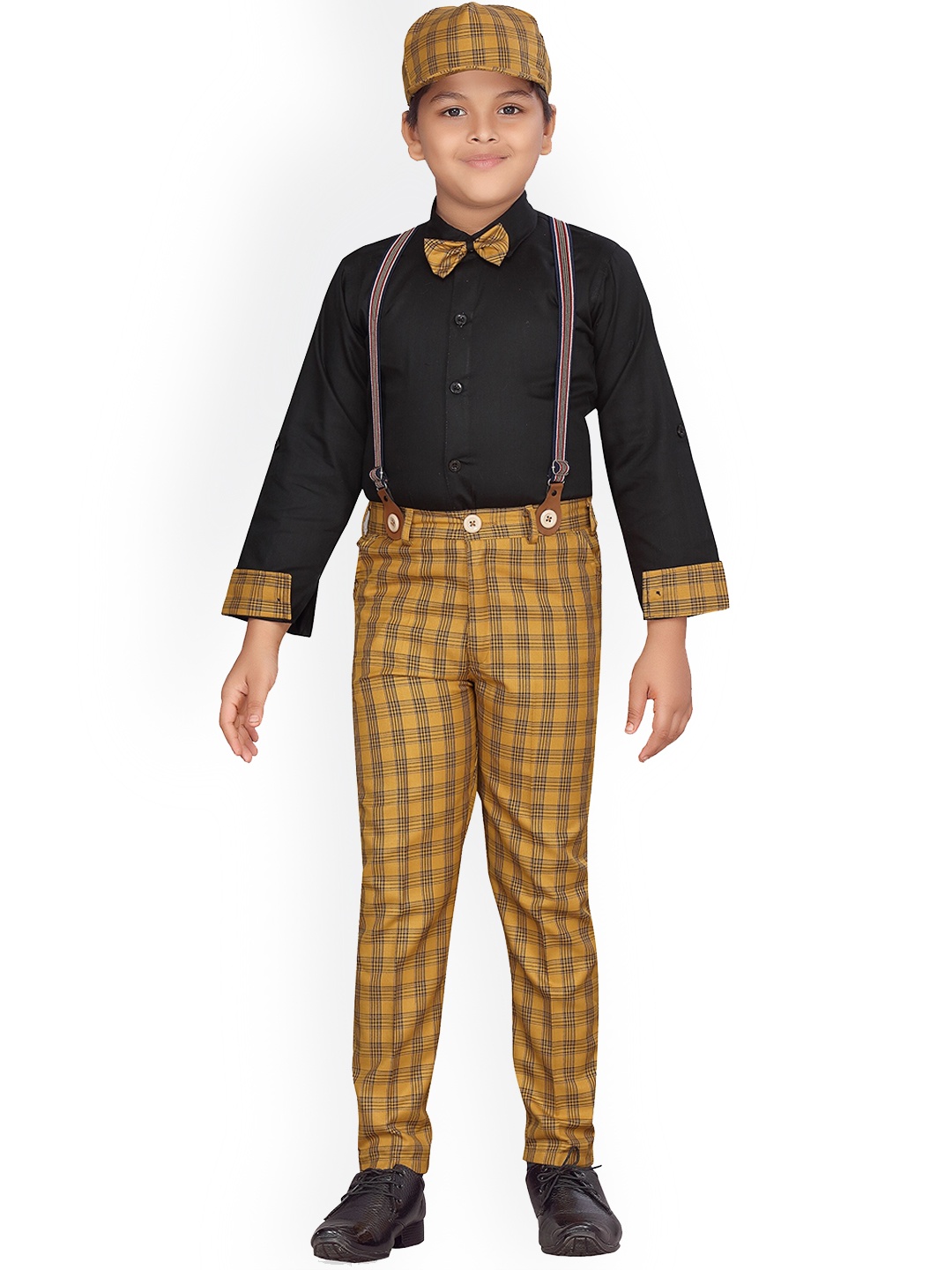 

Aj DEZInES Boys Yellow & Black Shirt Trousers Shirt Suspenders Pant Bow Tie Cap