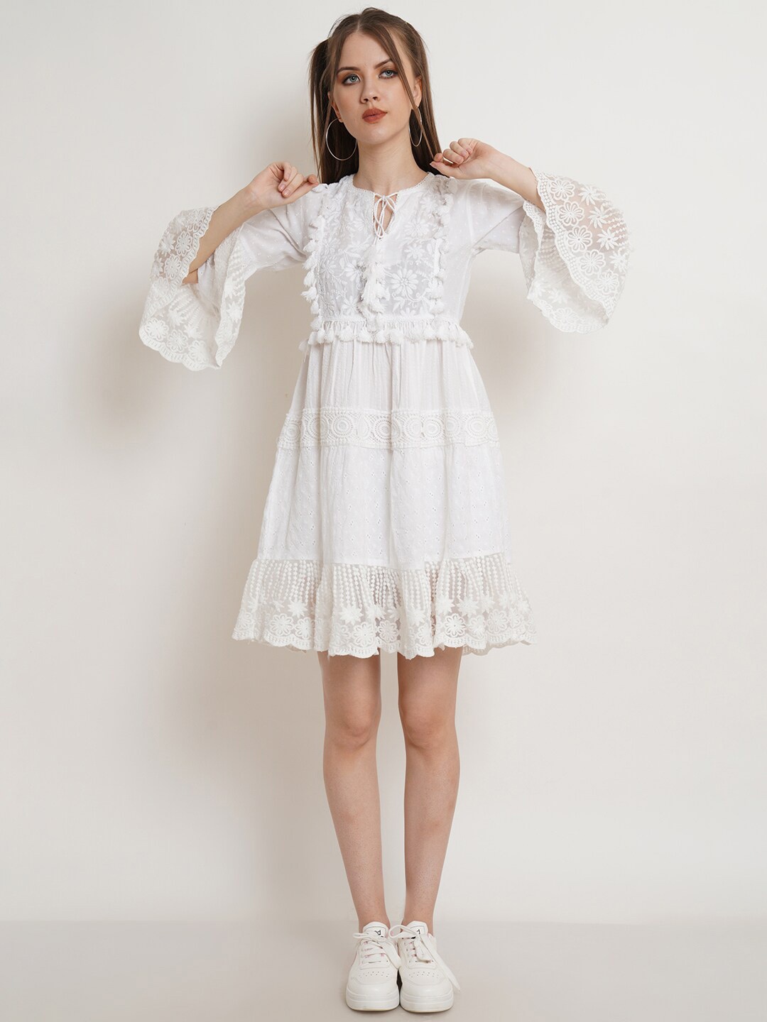 

IX IMPRESSION Women White Tie-Up Neck Dress
