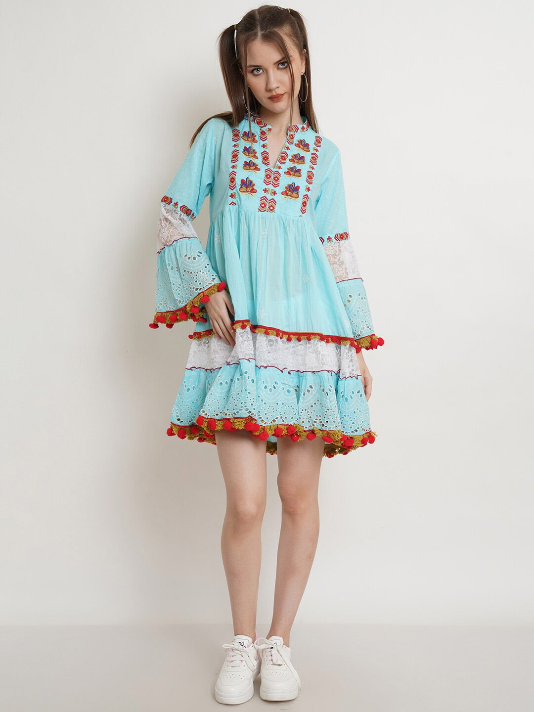 

IX IMPRESSION Turquoise Blue Floral Tie-Up Neck Ethnic Dress