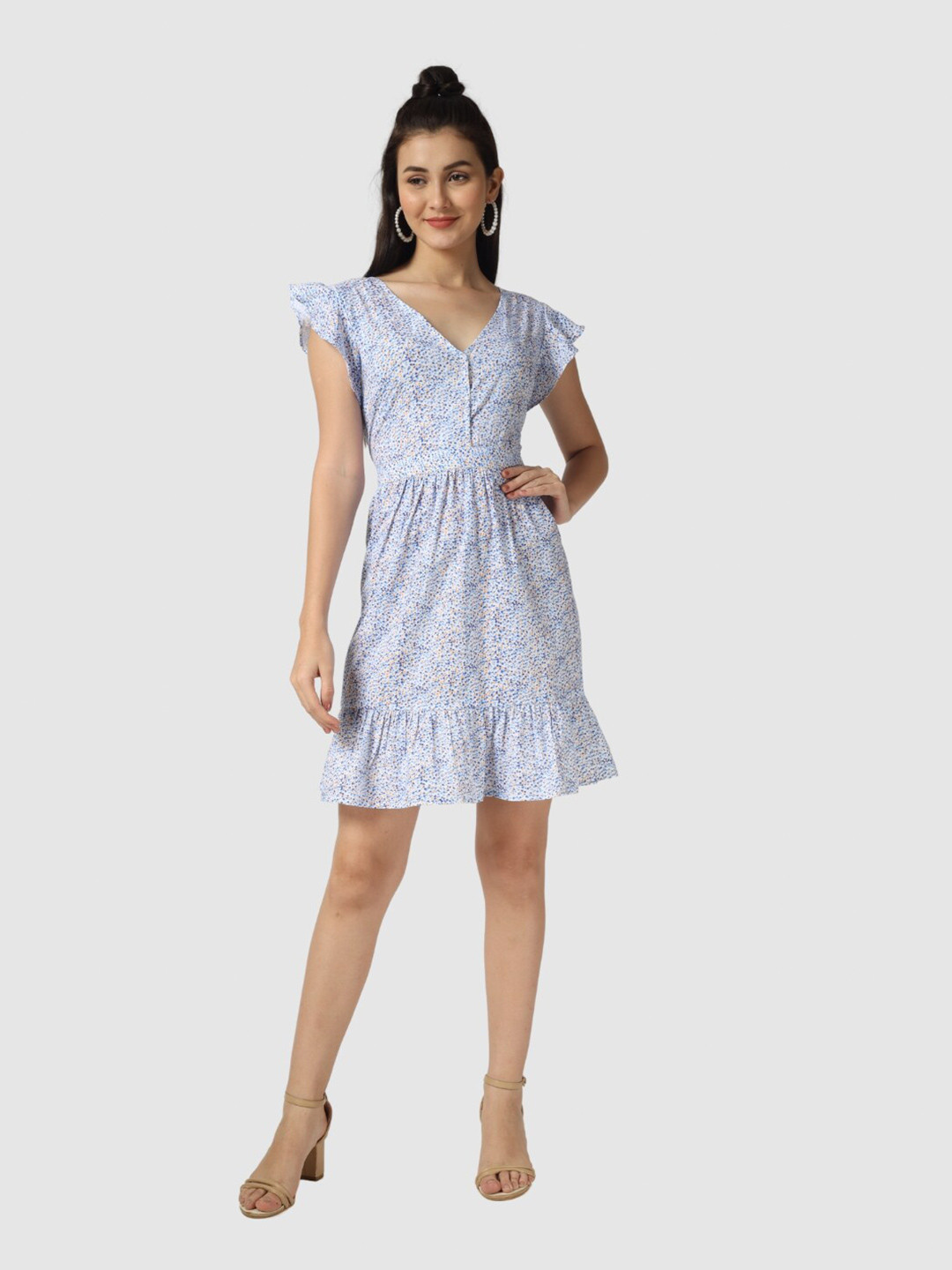 

The Label Bar Blue Floral Printed Dress With Ruffle Sleeves
