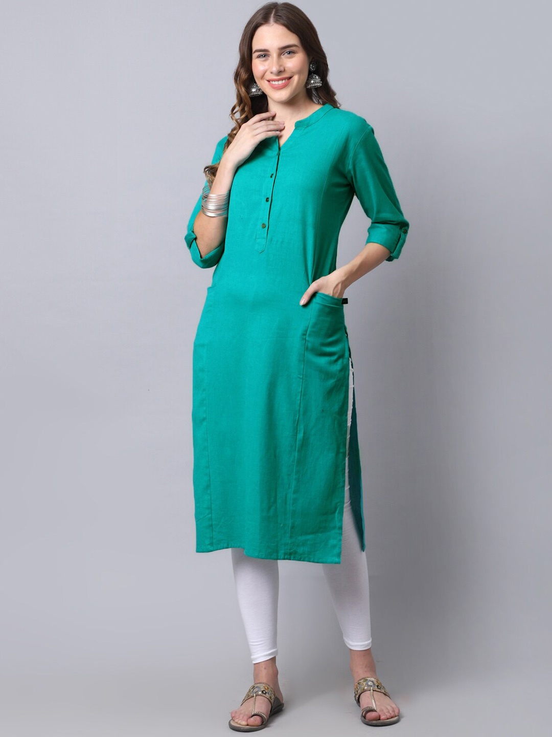 

Pistaa Women Sea Green Pathani Roll-Up Sleeves Kurta