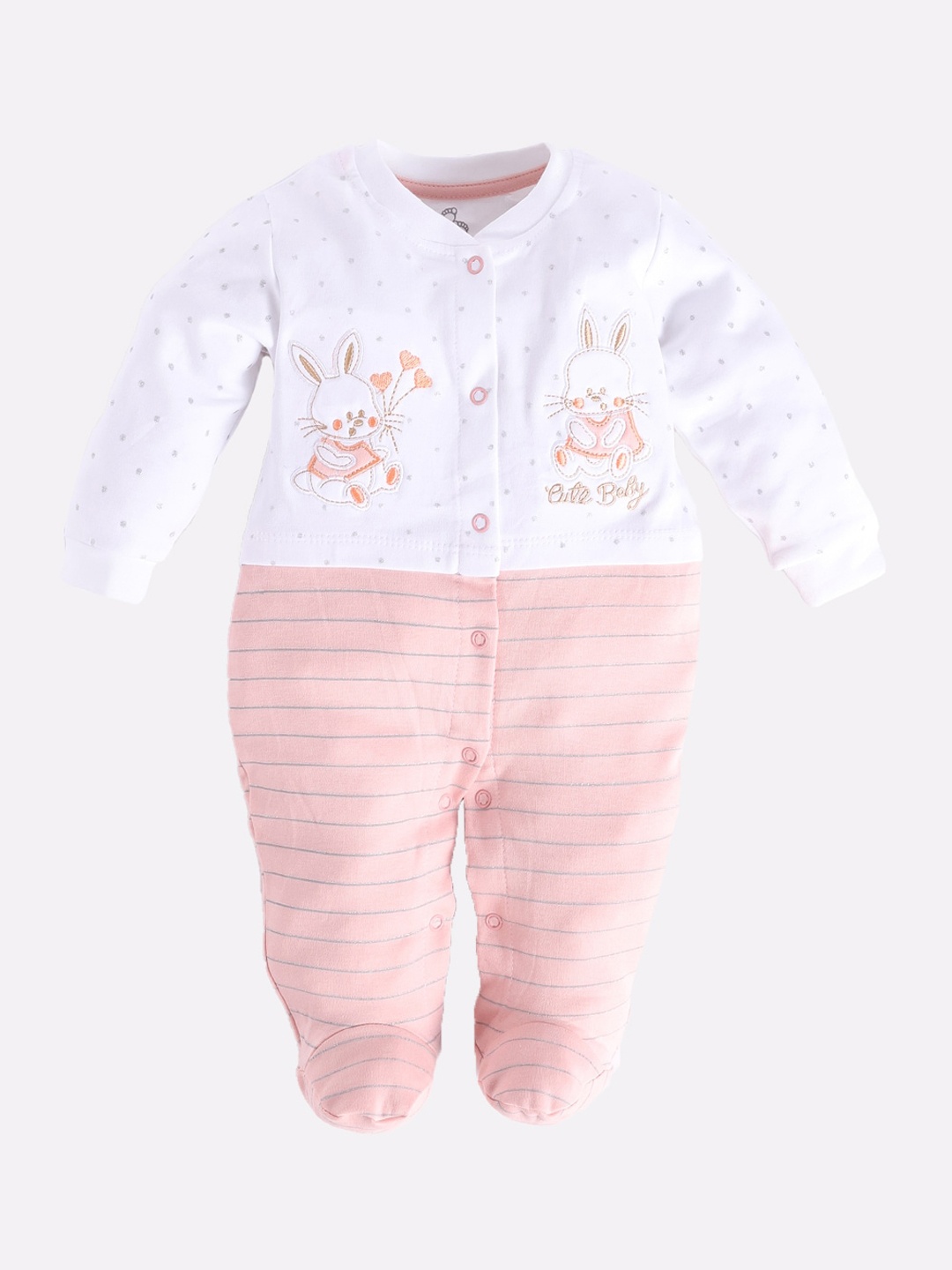 

BABY GO Girls White & Pink Printed Cotton Rompers