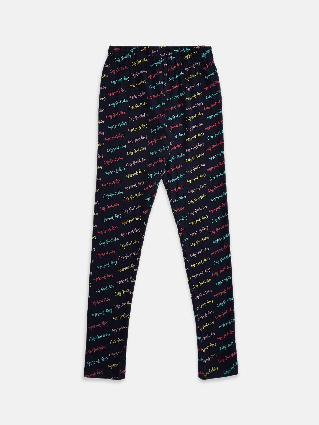 

Pantaloons Junior Girls Navy Blue Text Printed Leggings