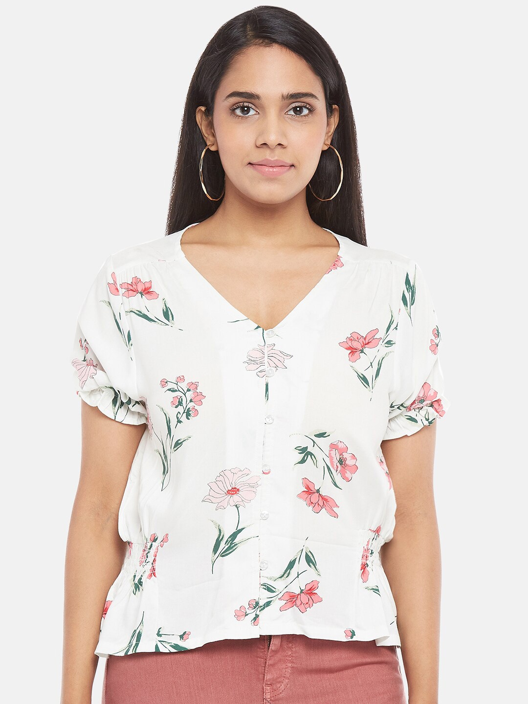

People Women White & Pink Floral Print Top