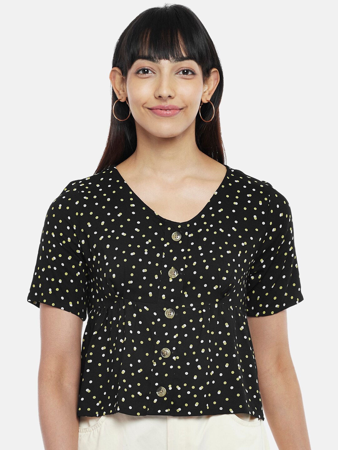 

People Women Black V-Neck Print Top