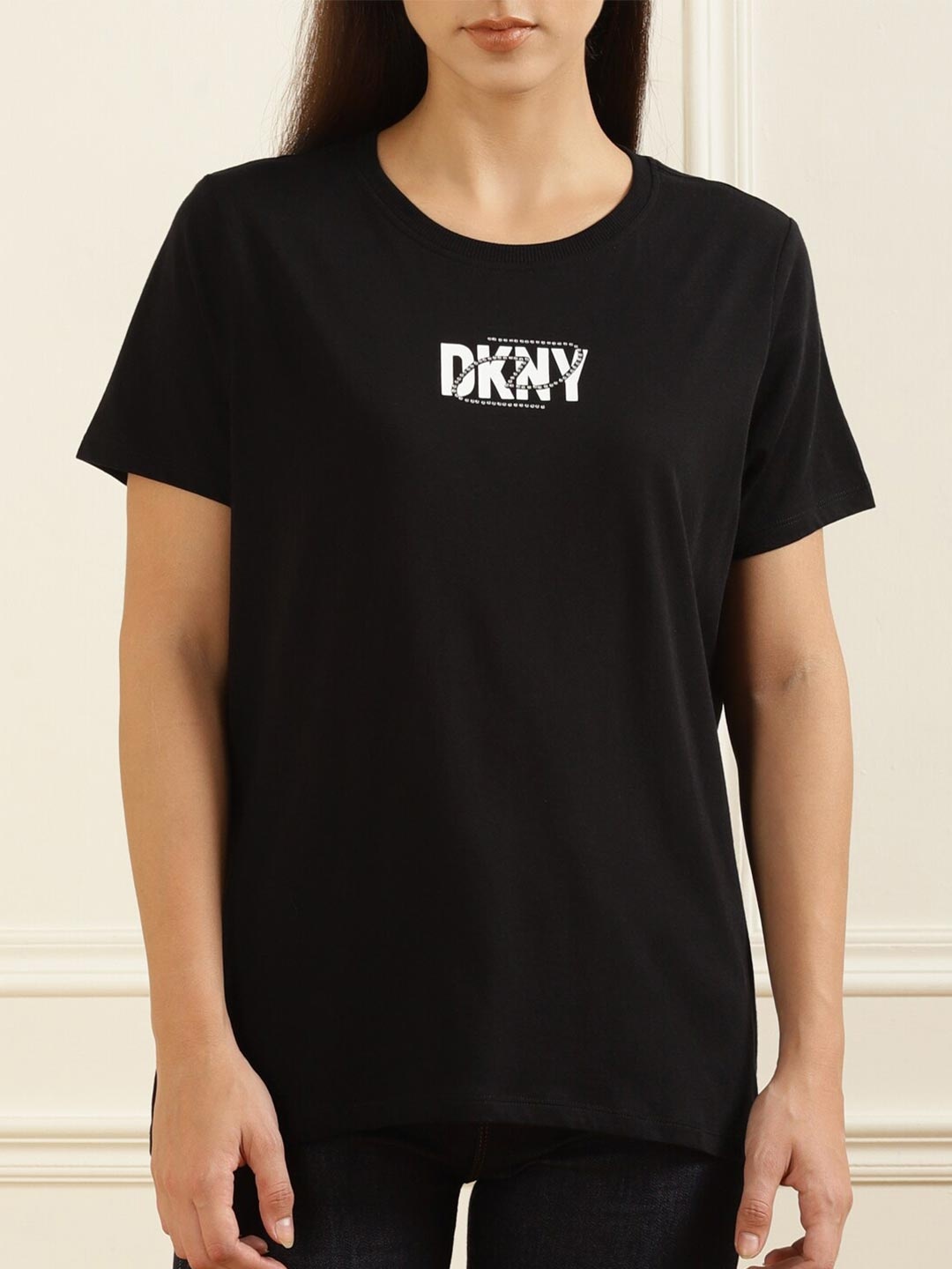 

DKNY Women Black Typography Pure Cotton T-shirt