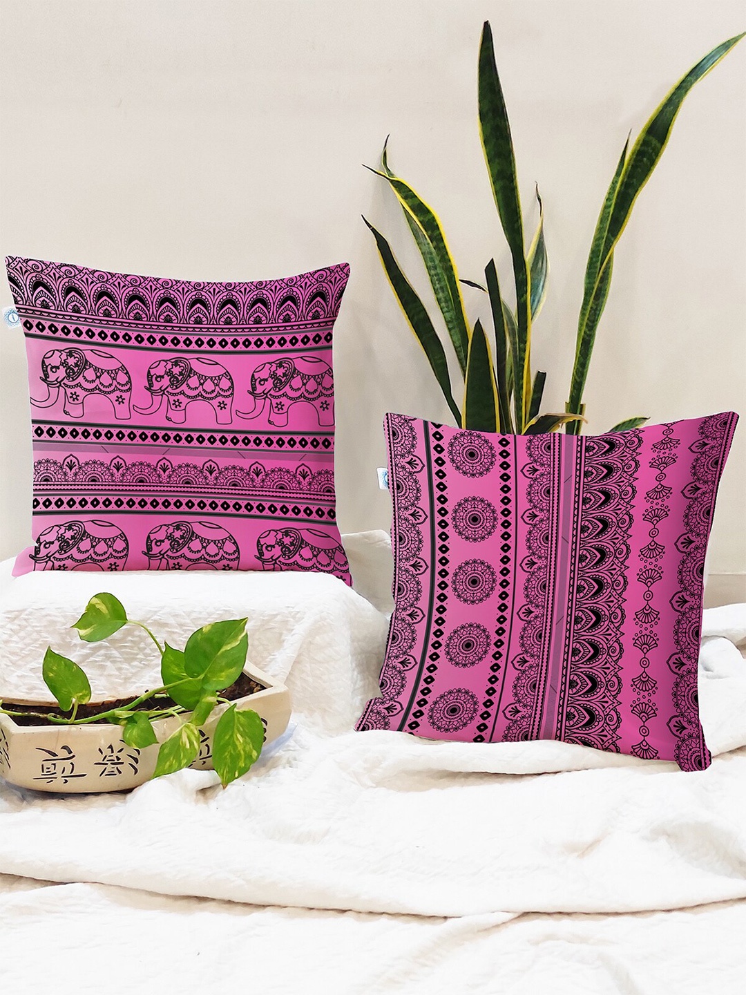 

STITCHNEST Set of 2 Purple & Black Ethnic Motifs Square Cushion Covers