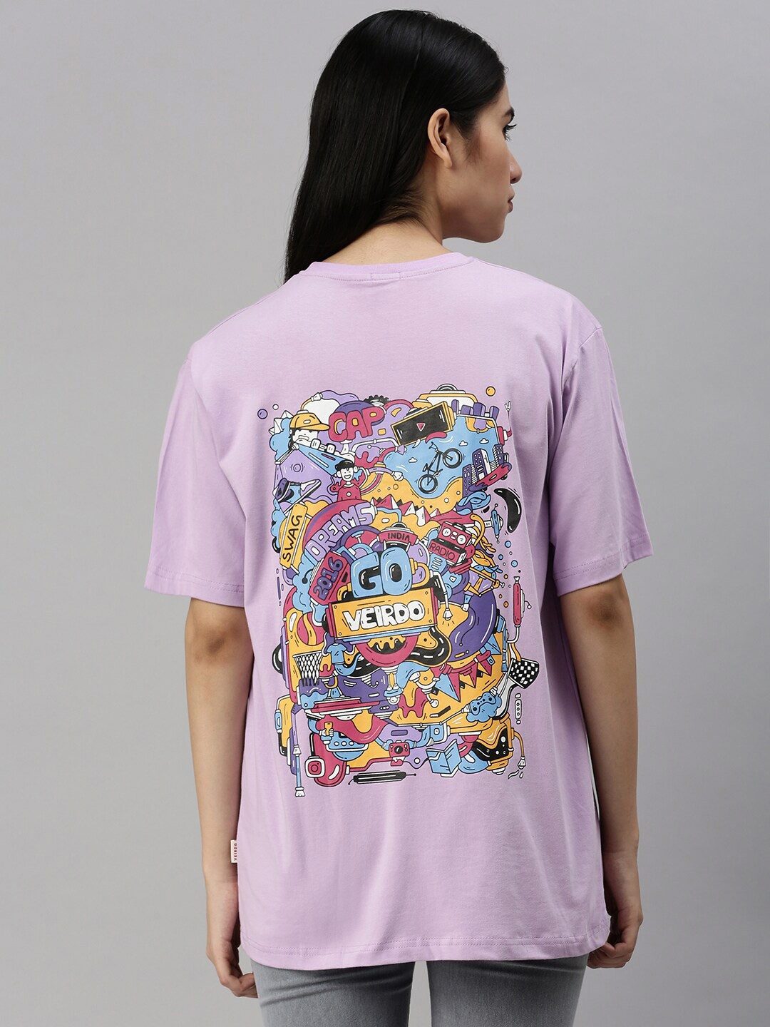 

VEIRDO Women Purple Back Printed Oversize T-shirt