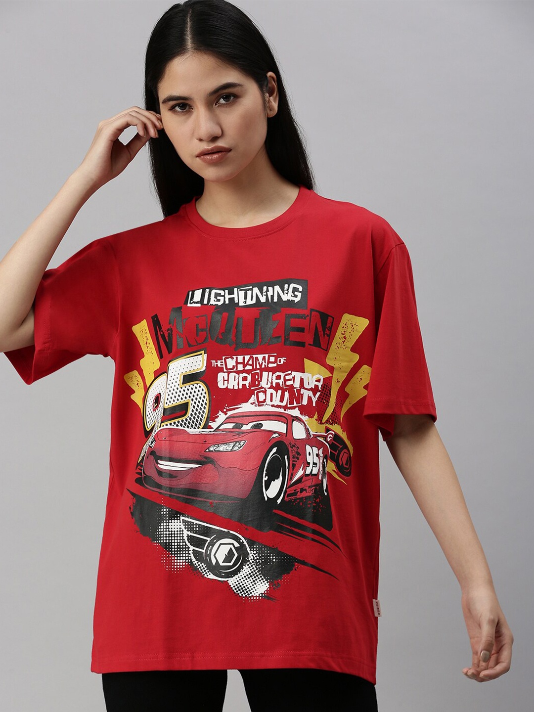 

VEIRDO Women Disney McQueen Cars Graphic Printed Pure Cotton Oversized T-shirt, Red