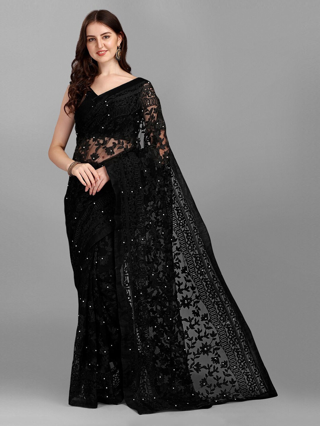 

Fashionuma Black Floral Beads and Stones Pure Georgette Saree