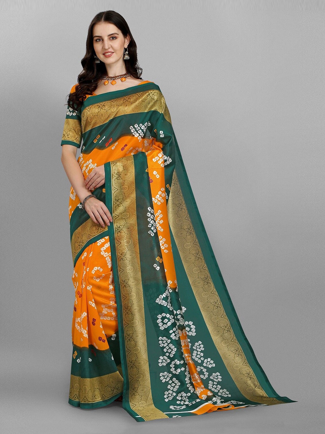 

Fashionuma Green & Orange Bandhani Silk Blend Saree