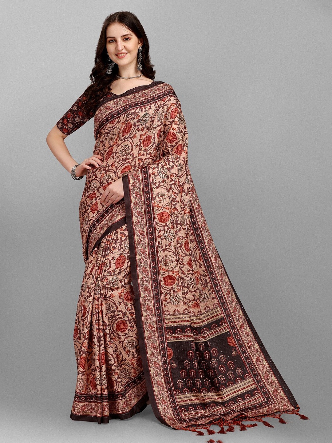 

Fashionuma Beige & Brown Floral Silk Blend Saree