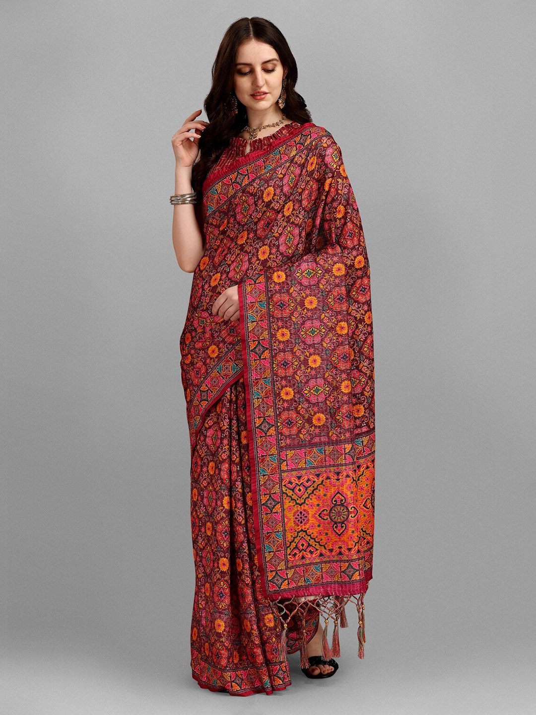 

Fashionuma Red & Pink Ethnic Motifs Silk Blend Saree
