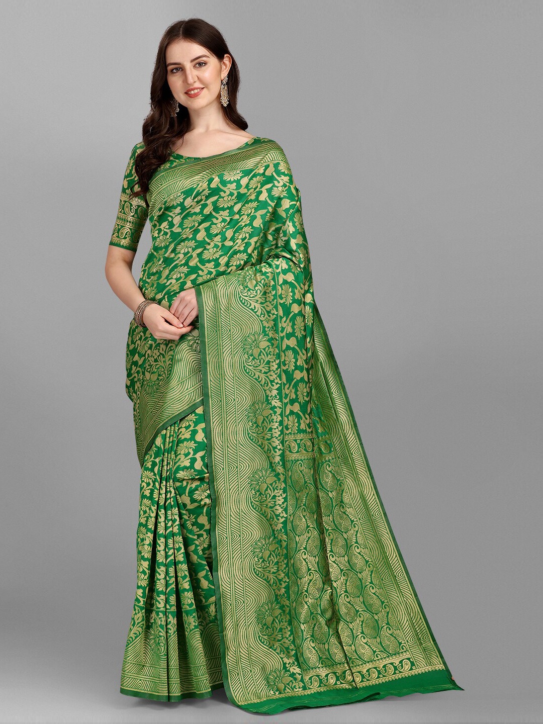 

Fashionuma Green Floral Zari Silk Blend Saree