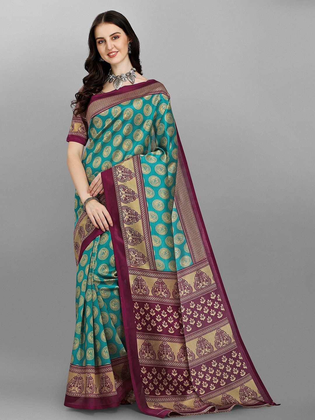

Fashionuma Green & Maroon Ethnic Motifs Zari Silk Blend Saree