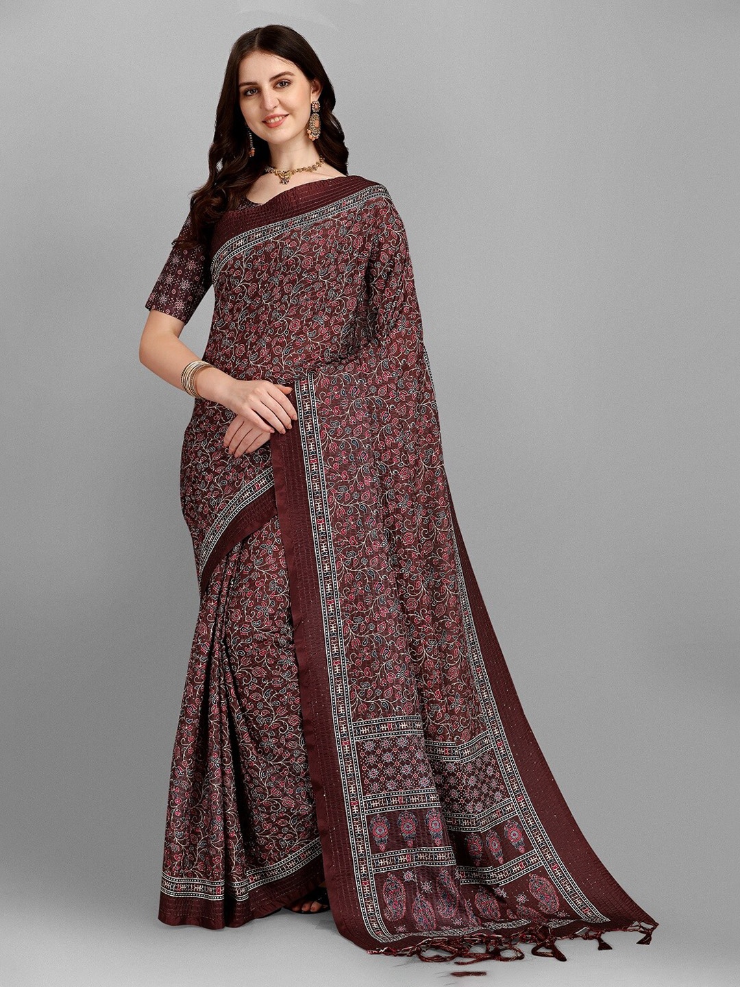 

Fashionuma Brown & Grey Ethnic Motifs Silk Blend Saree