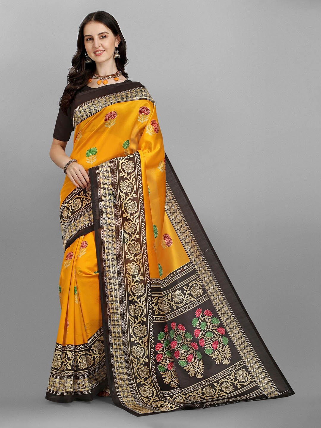 

Fashionuma Black & Mustard Floral Woven Design Saree