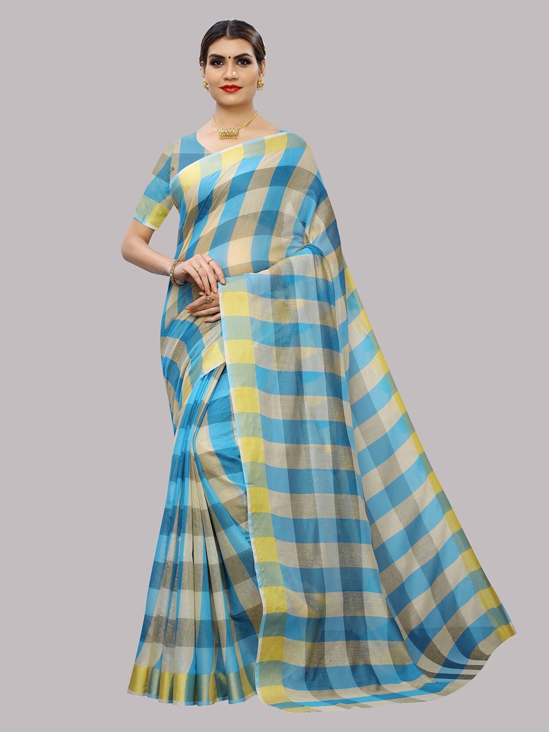

Fashionuma Blue & Grey Checked Silk Cotton Saree