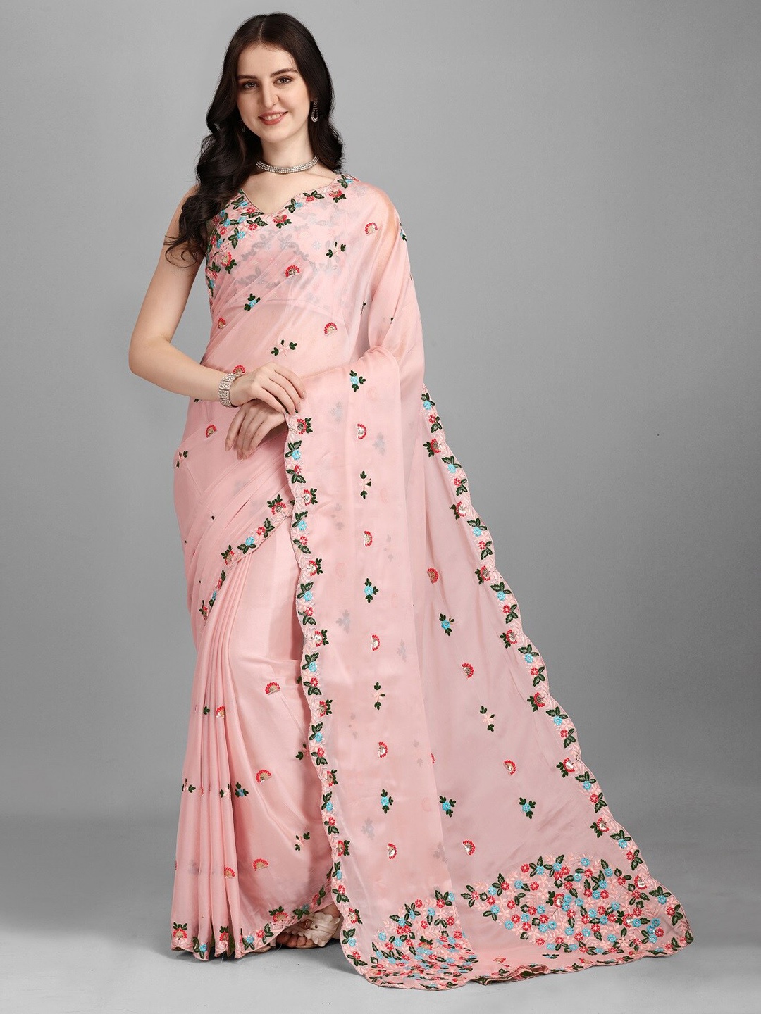 

Fashionuma Peach-Coloured Embellished Sequinned Silk Blend Saree