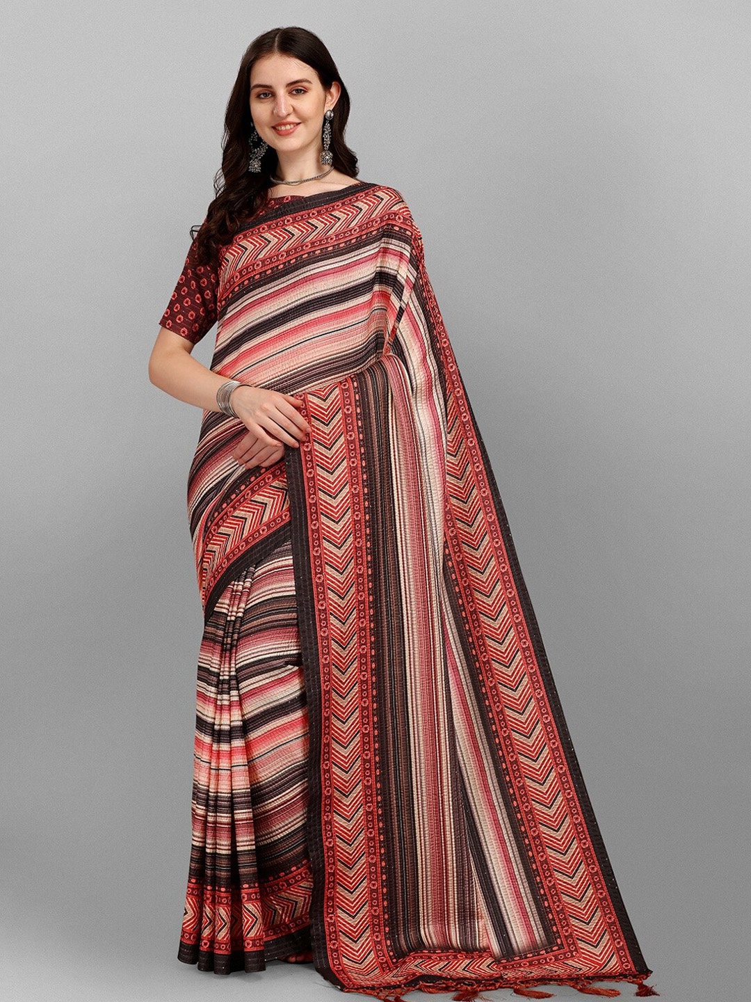 

Fashionuma Women Brown Striped Silk Blend Saree