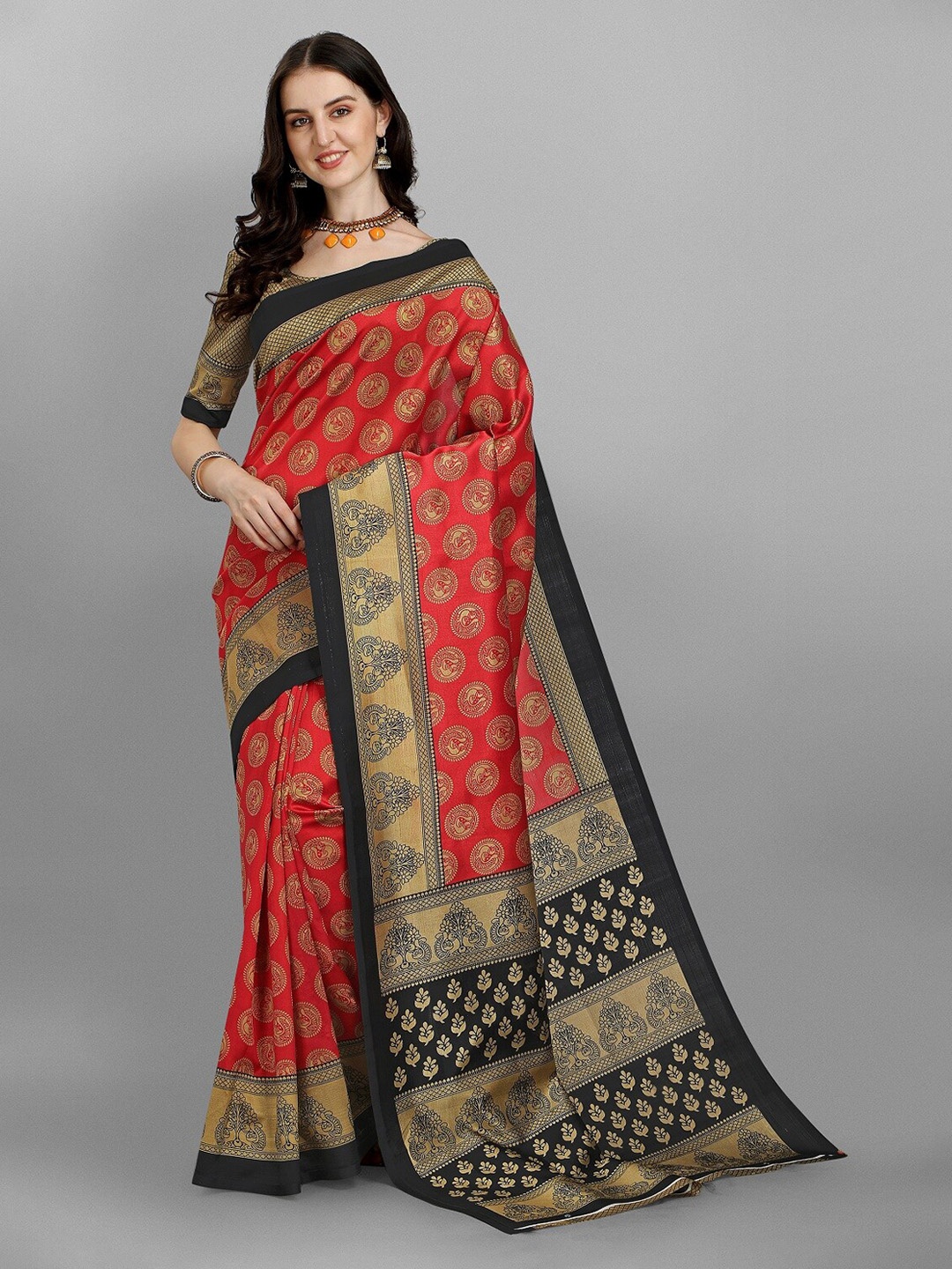 

Fashionuma Red & Black Ethnic Motifs Silk Blend Saree