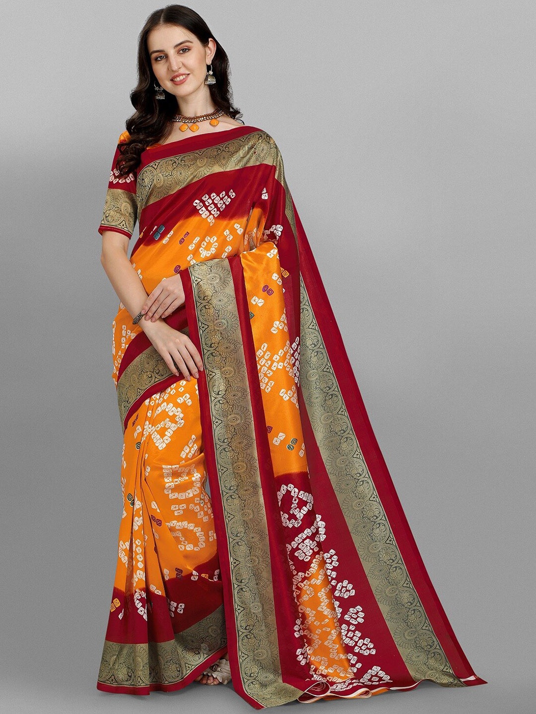 

Fashionuma Maroon & Orange Bandhani Silk Blend Saree