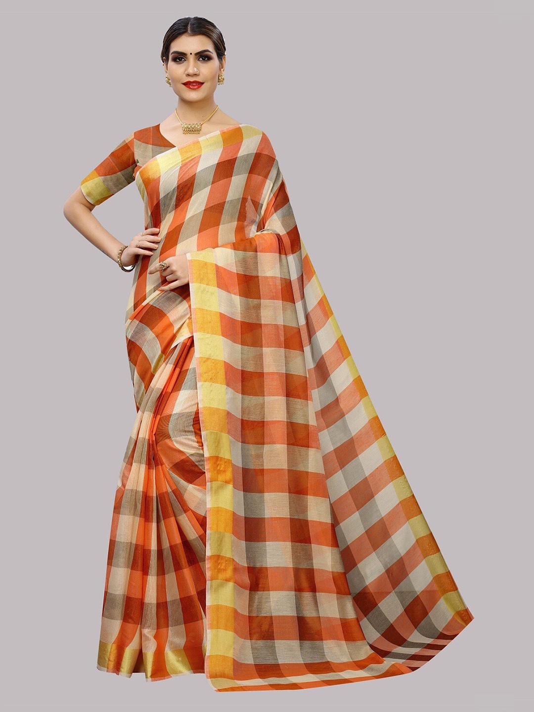 

Fashionuma Orange Checked Silk Cotton Saree