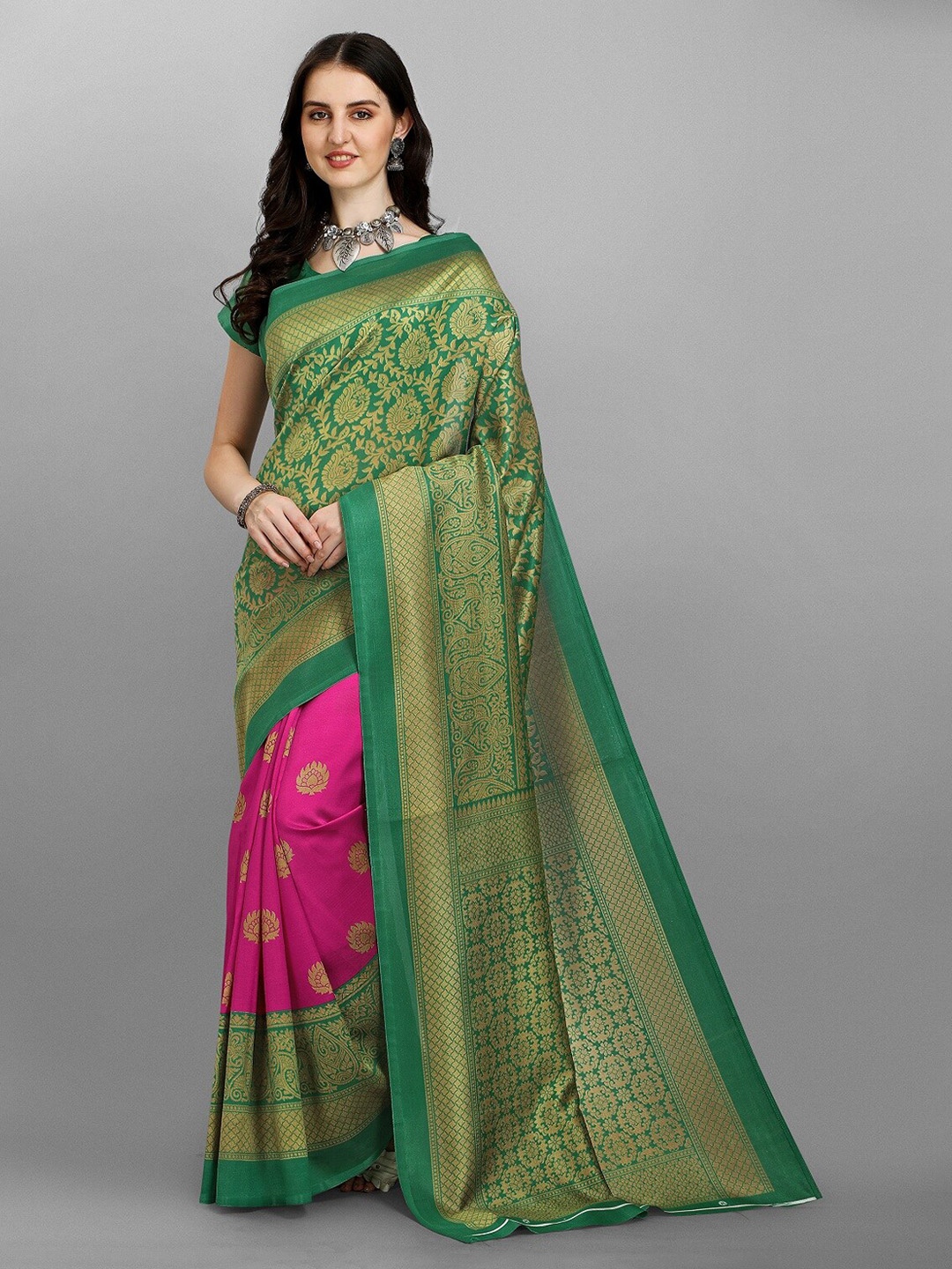 

Fashionuma Green & Pink Ethnic Motifs Zari Silk Blend Saree