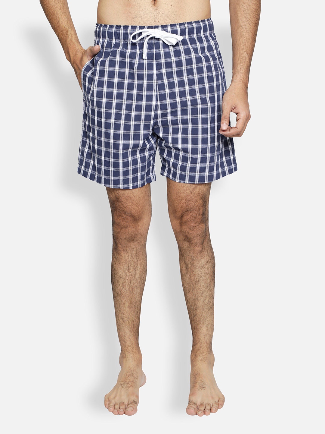 

BStories Men Navy Blue & White Checked Lounge Shorts