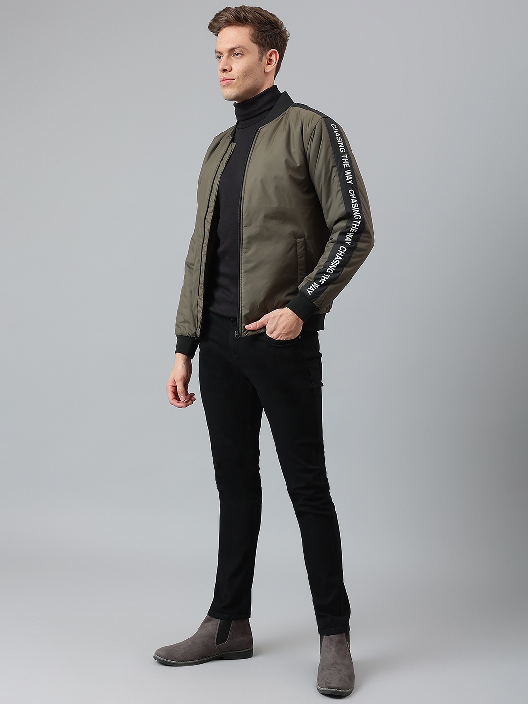 

Dennis Lingo Men Olive Green Outdoor Bomber Mock Collar Jacket