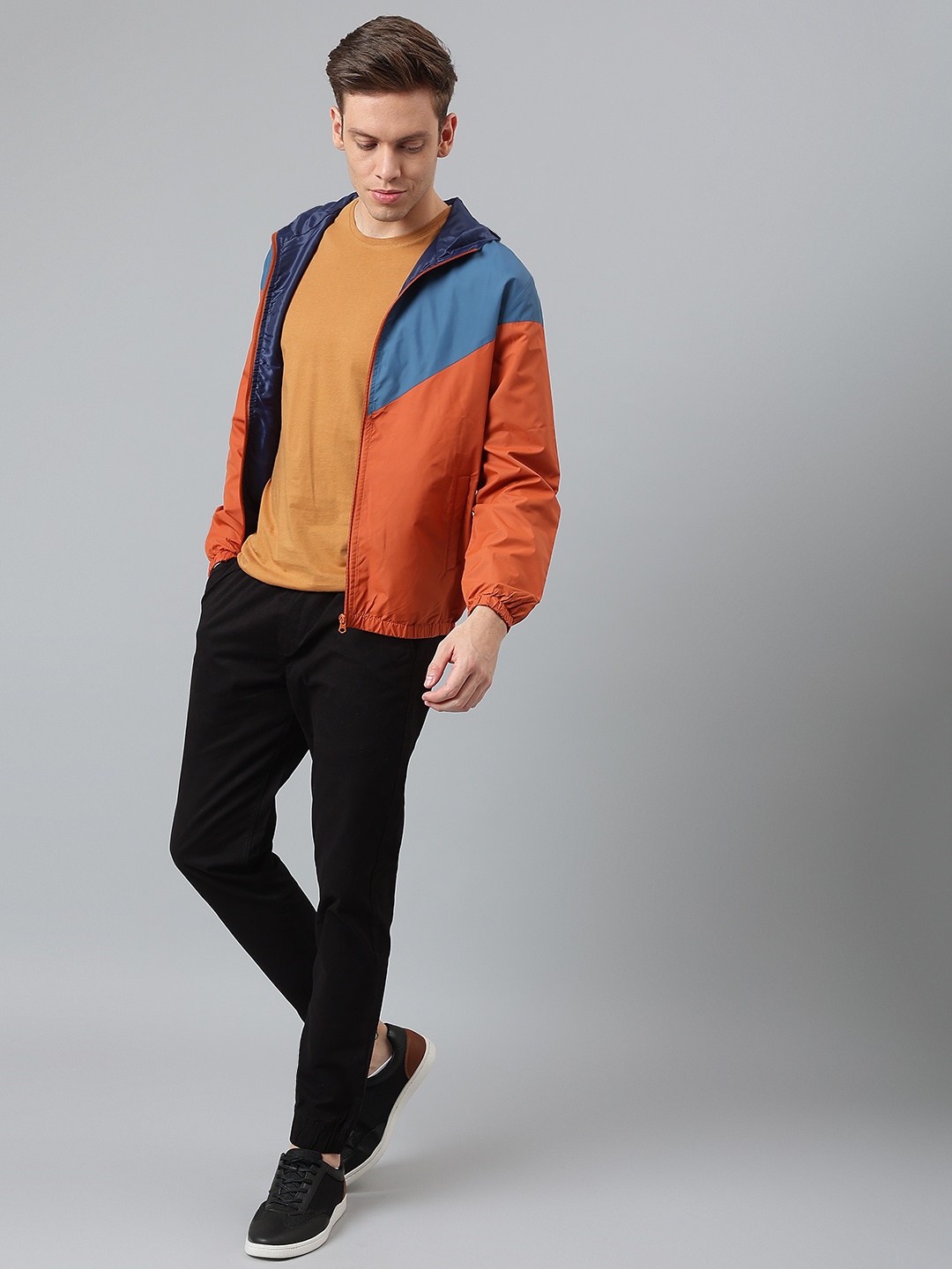 

Dennis Lingo Men Rust Blue Colourblocked Outdoor Hooded Sporty Jacket