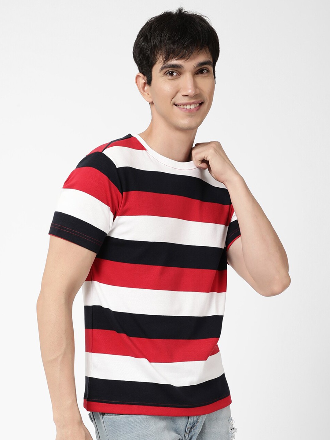 

VASTRADO Men Red, White and Black Striped T-shirt, Multi