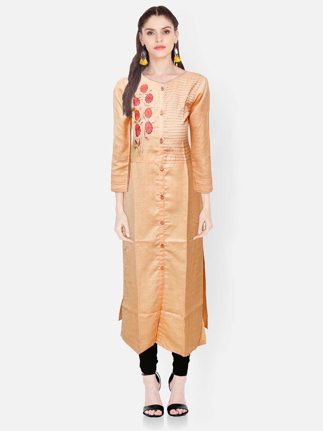 

FEMMIBELLA Women Cream-Coloured & Red Floral Embroidered Kurta