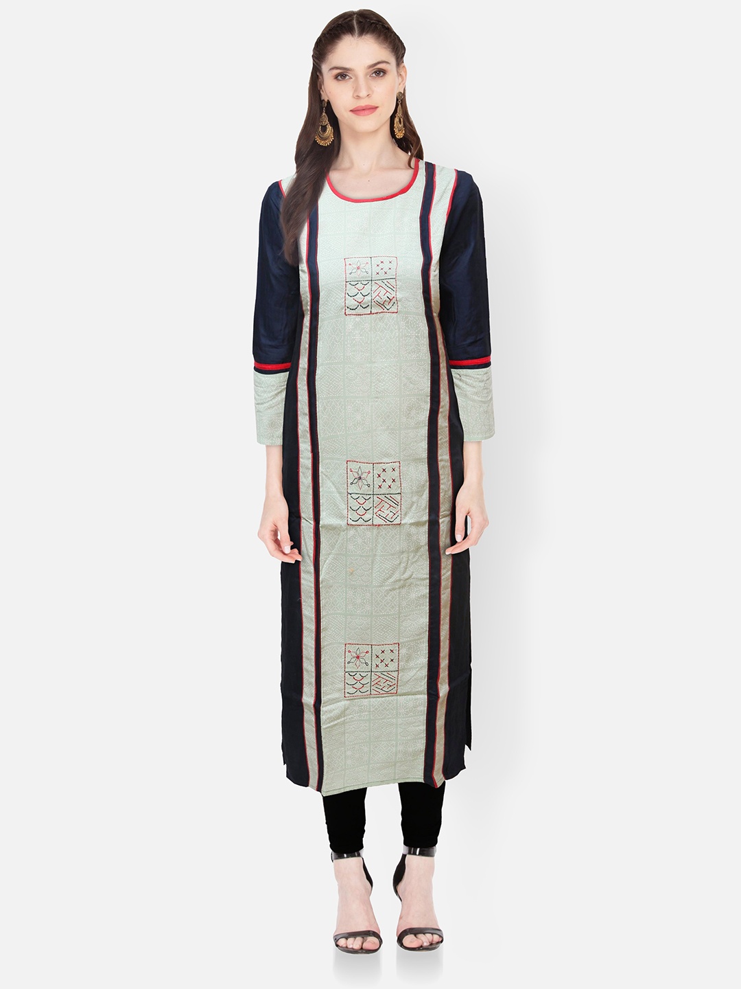 

FEMMIBELLA Women Green & Black Geometric Printed Thread Work Straight Kurta