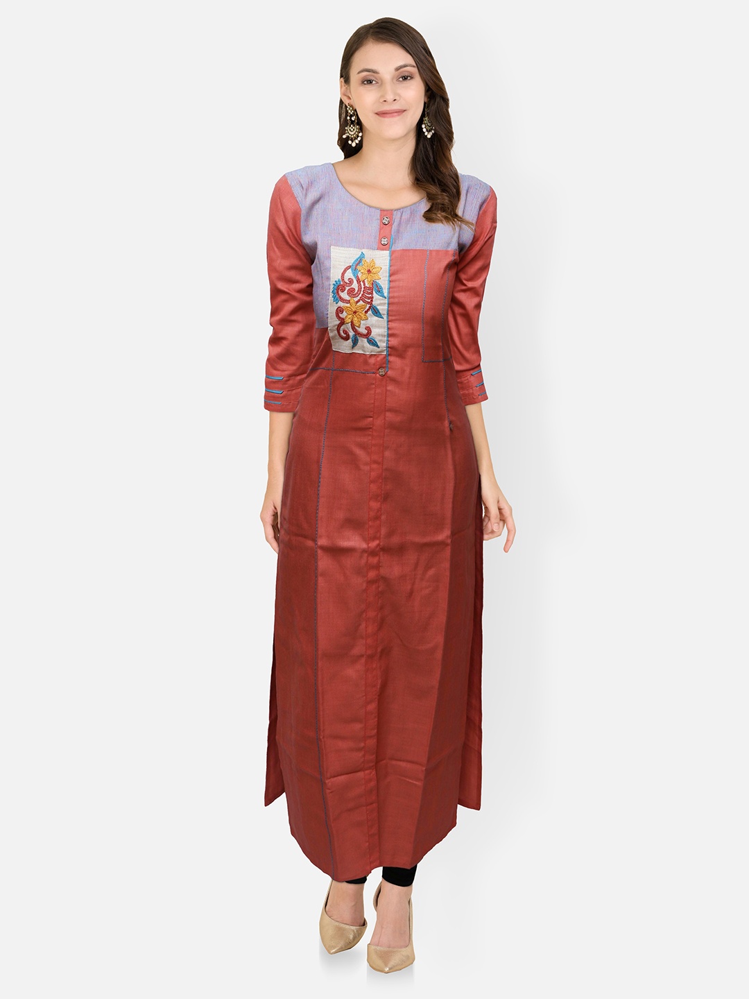 

FEMMIBELLA Women Rust & Grey Floral Embroidered Floral Kurta