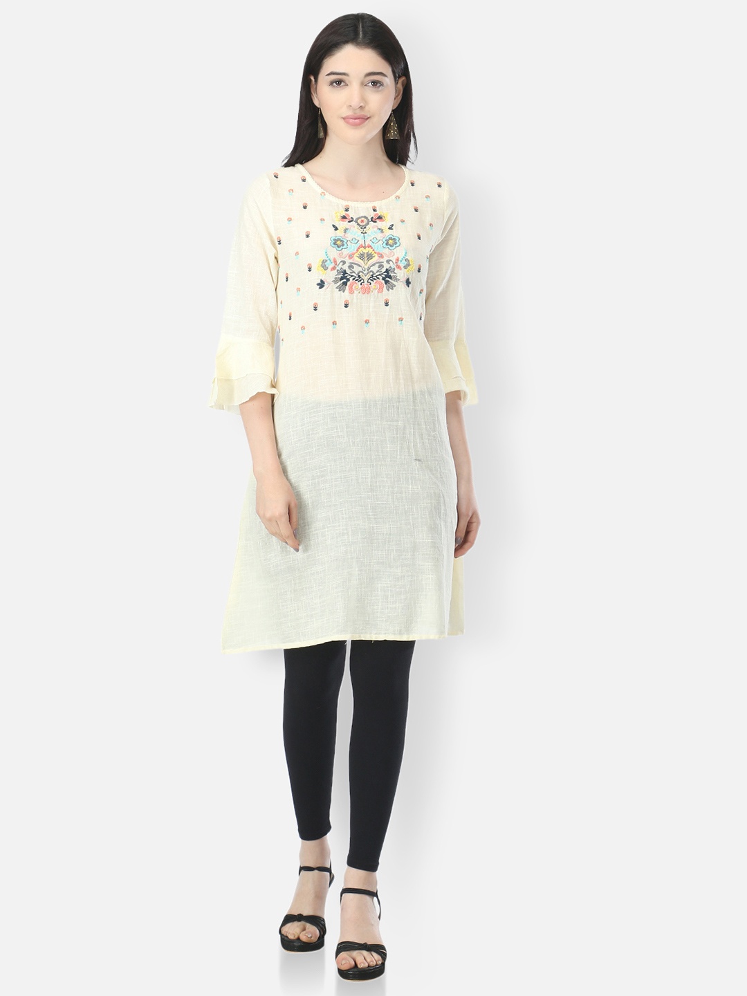 

FEMMIBELLA Women Off White & Blue Floral Embroidered Bell Sleeves Floral Kurta