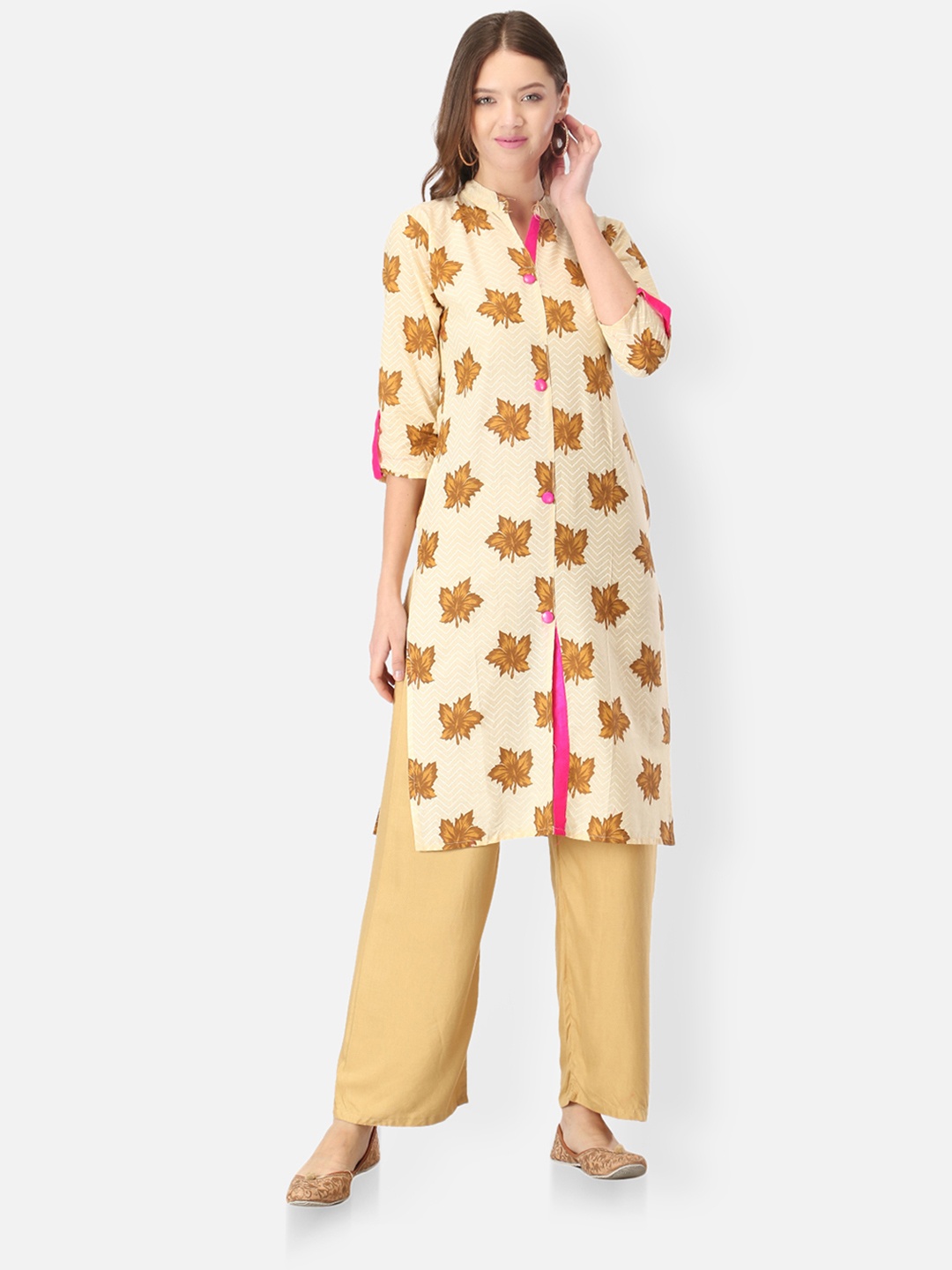 

FEMMIBELLA Women Cream-Coloured & Mustard Yellow Floral Printed Kurta