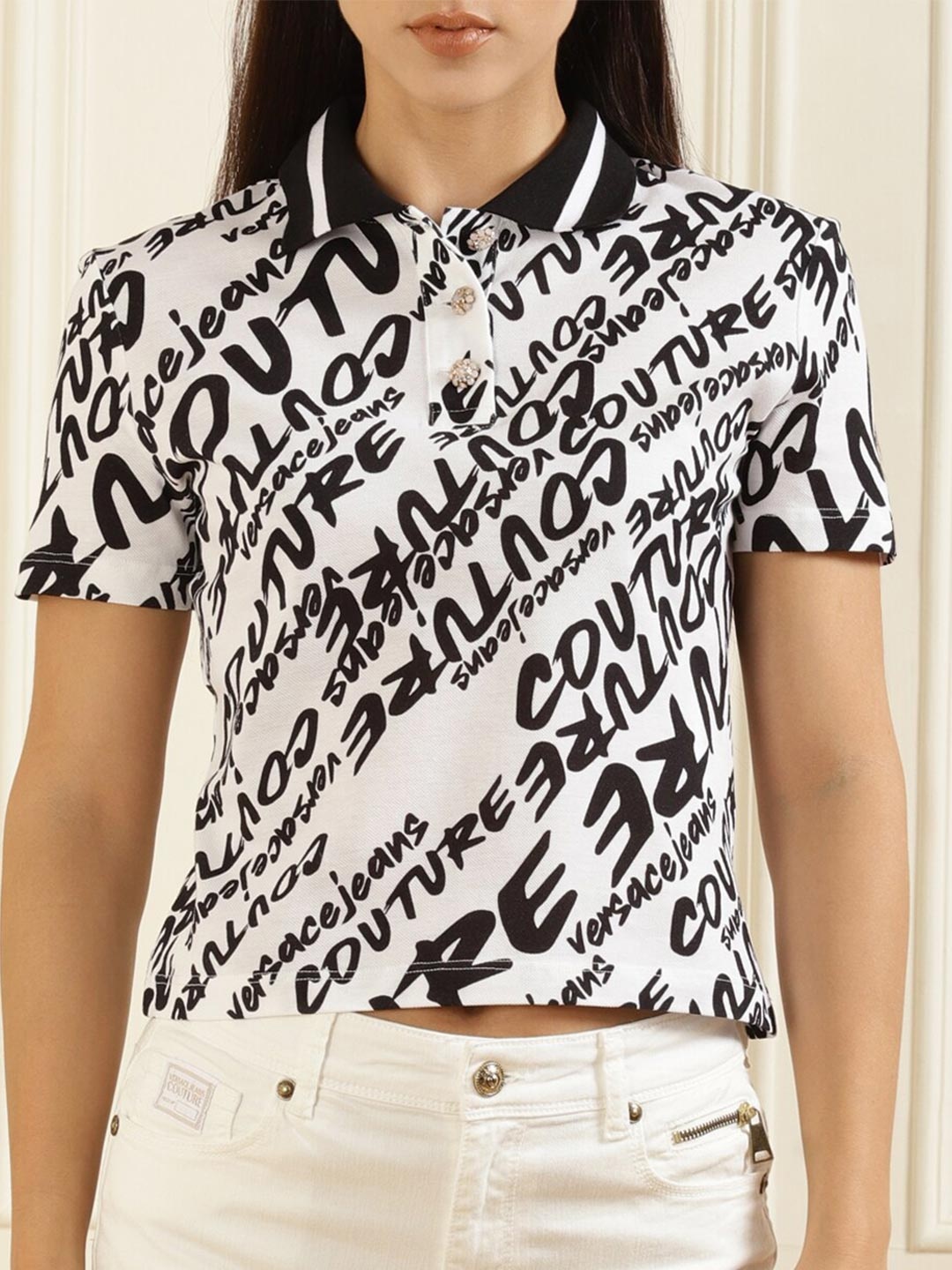 

Versace Jeans Couture Women White Typography Printed Polo Collar Pure Cotton T-shirt