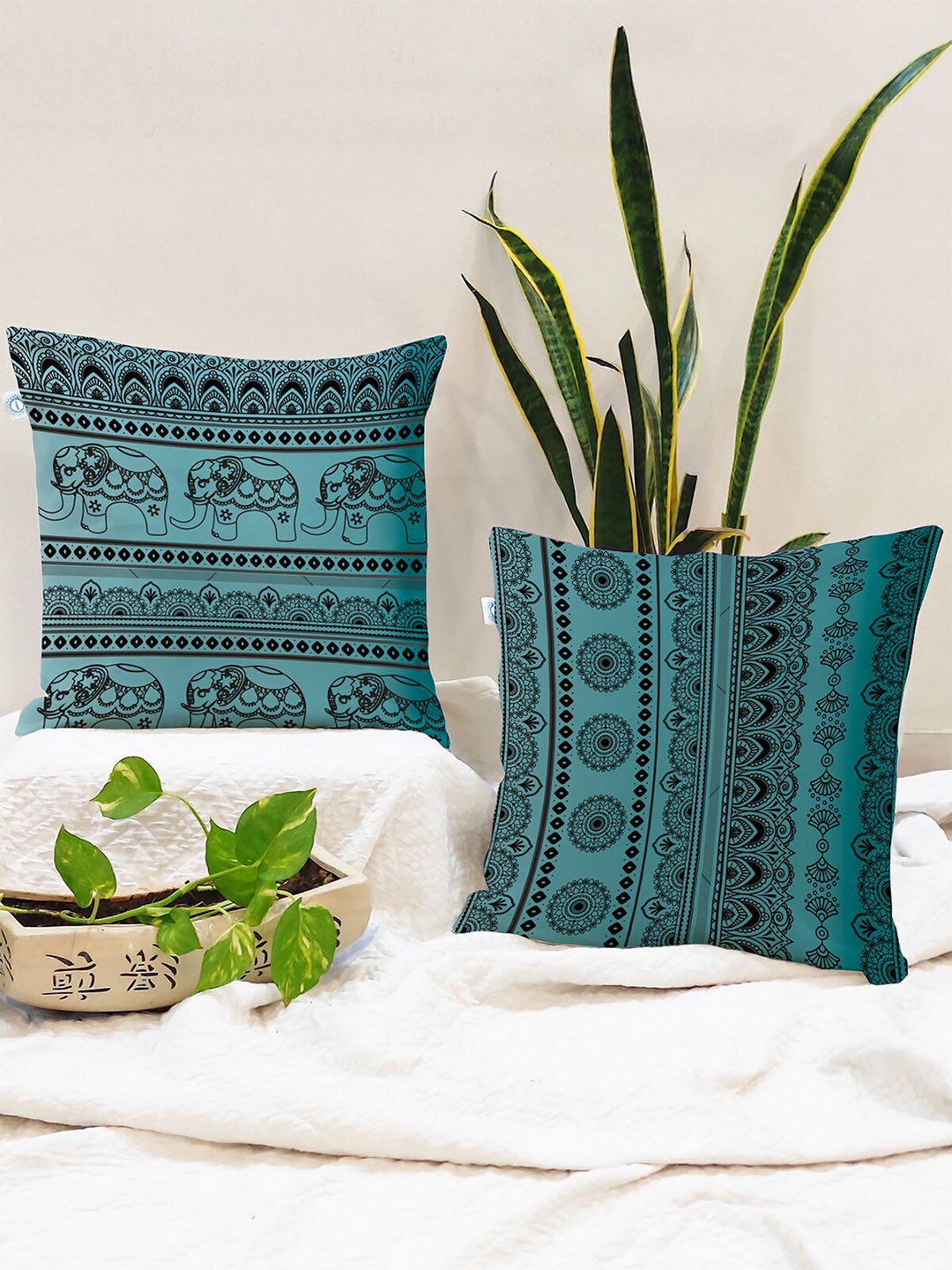 

STITCHNEST Blue & Black Set of 2 Ethnic Motifs Square Cushion Covers