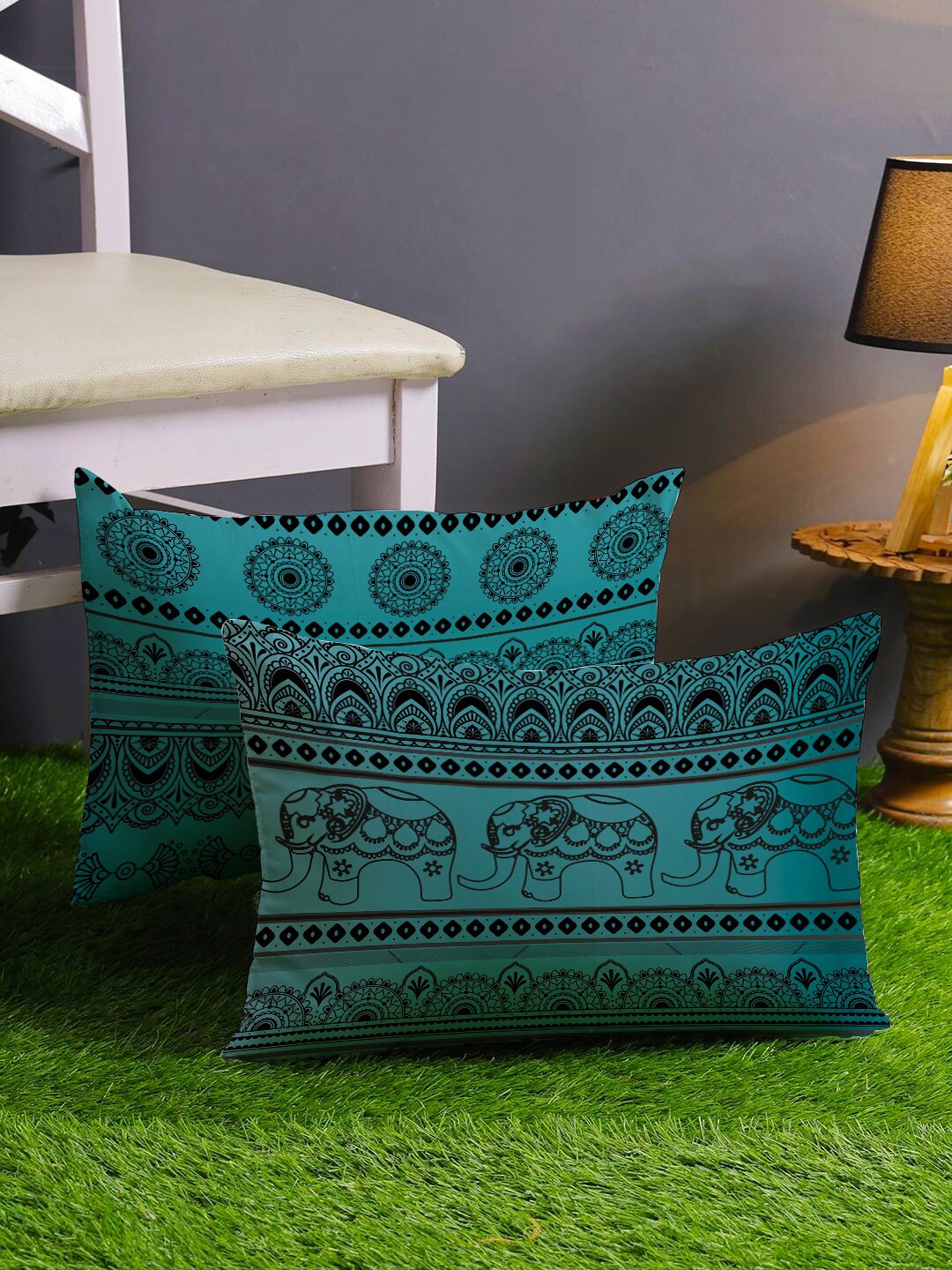 

STITCHNEST Black & Blue Set of 2 Geometric Rectangle Cushion Covers