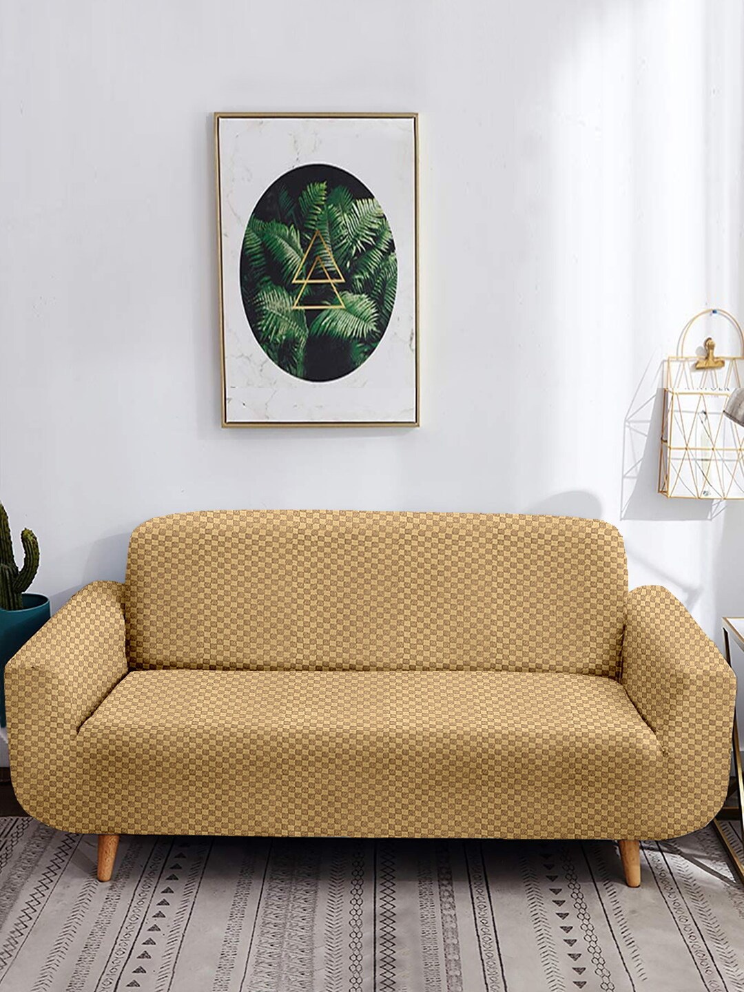 

Cortina Beige Checkered Jacquard 3 Seater Stretchable Non-Slip Sofa Cover, Cream