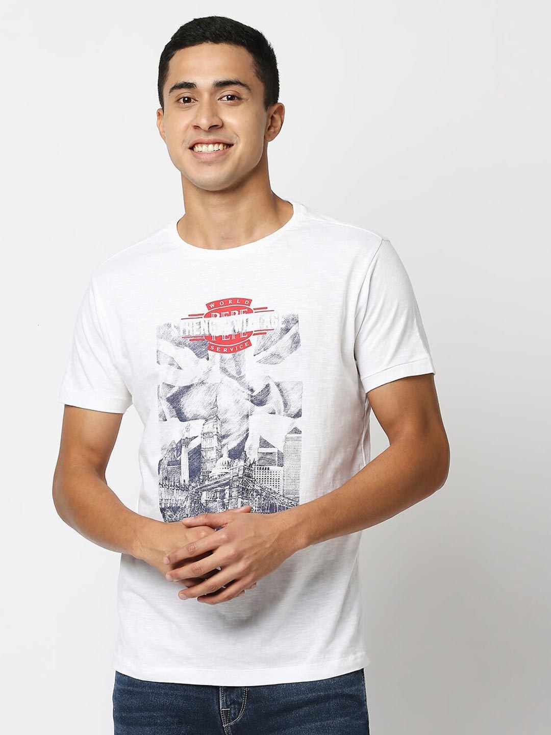 

Pepe Jeans Men White Typography Printed Cotton Slim Fit T-shirt