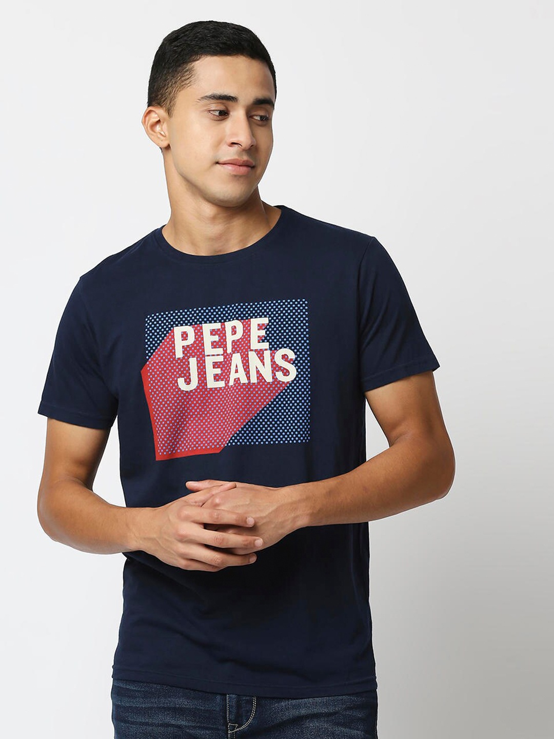 

Pepe Jeans Men Navy Blue Printed Applique Slim Fit T-shirt