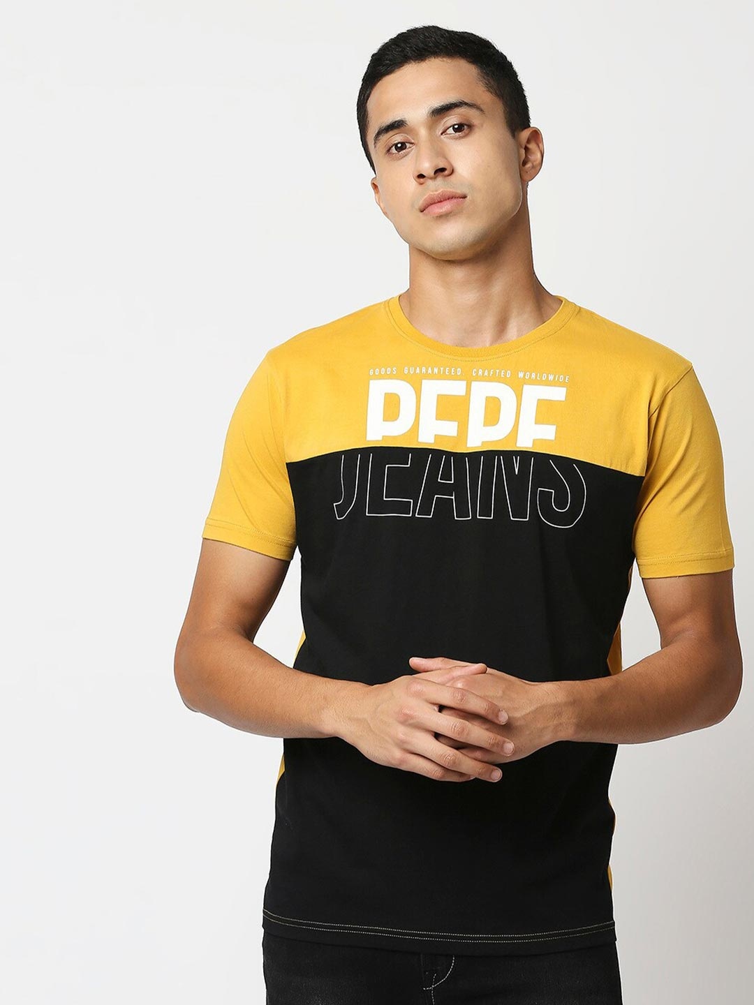

Pepe Jeans Men Yellow & Black Colourblocked Cotton Slim Fit T-shirt