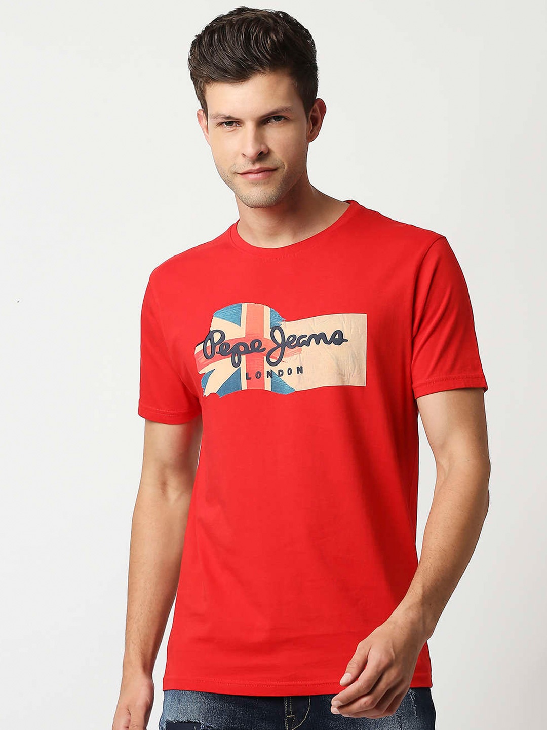 

Pepe Jeans Men Red & Beige Printed Slim Fit T-shirt