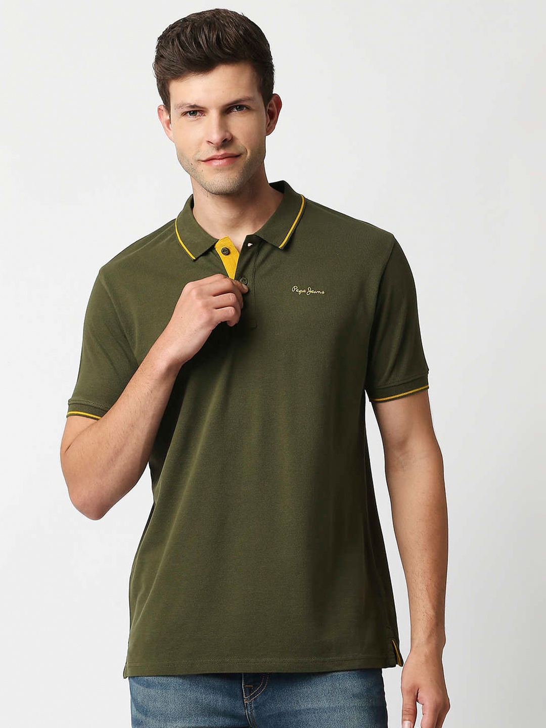 

Pepe Jeans Men Olive Green Polo Collar T-shirt