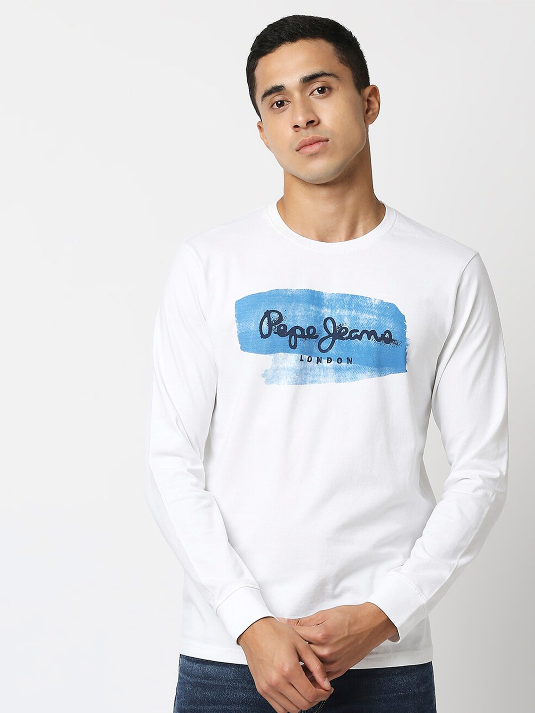 

Pepe Jeans Men White Typography Printed Cotton Slim Fit T-shirt