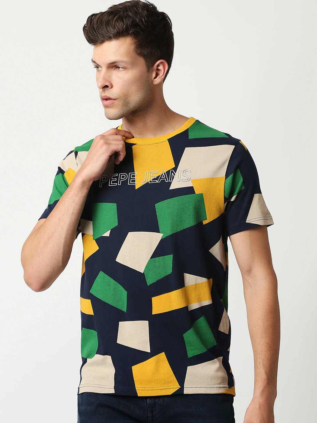 

Pepe Jeans Men Navy Blue Geometric Printed Slim Fit T-shirt